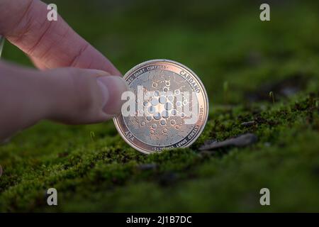 Moneta fisica Cardano ADA criptovaluta con sole che brilla a mano sul muschio verde Foto Stock