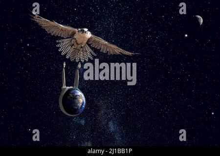 MIGRAZIONE, UN FALCON PORTA LA TERRA IN UN LINO PER PROTEGGERLA, MOSTRA FOTOGRAFICA 'TERRE FRAGILE' PER SENSIBILIZZARE L'OPINIONE PUBBLICA SULL'IMPATTO DELL'UMANITÀ SUL PIANETA, FRANCIA, MONDO Foto Stock