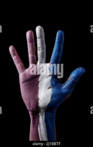 primo piano della mano sollevata di una persona con la bandiera di orgoglio transgender dipinta in esso, su sfondo nero Foto Stock