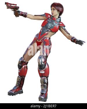 supereroe con pistola in un'armatura rossa, 3d rendering, guerriero futuristico donna Foto Stock
