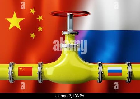 Gasdotto, bandiere di Cina e Russia - 3D illustrazione Foto Stock