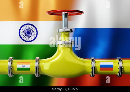 Gasdotto, bandiere di India e Russia - 3D illustrazione Foto Stock