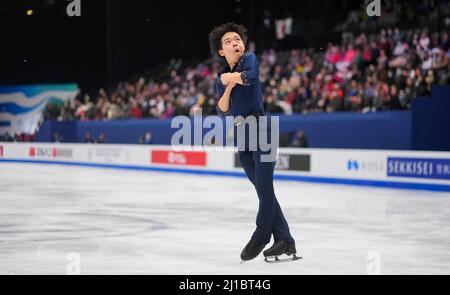 Sud de France Arena, Montpellier, Francia. 24th Mar 2022. Yuma Kagiyama dal Giappone durante il Short Program di Mens, Campionato Mondiale di Pattinaggio di figure alla Sud de France Arena, Montpellier, Francia. Kim Price/CSM/Alamy Live News Foto Stock