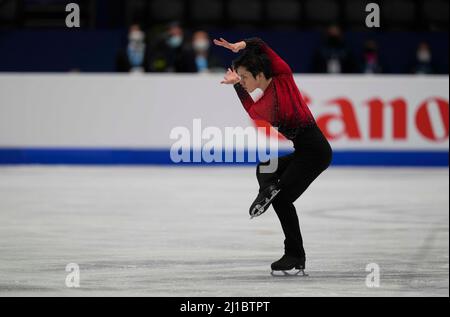 Sud de France Arena, Montpellier, Francia. 24th Mar 2022. Shoma uno dal Giappone durante il programma corto di Mens, campionato mondiale di pattinaggio a figure alla Sud de France Arena, Montpellier, Francia. Kim Price/CSM/Alamy Live News Foto Stock