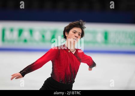 Sud de France Arena, Montpellier, Francia. 24th Mar 2022. Shoma uno dal Giappone durante il programma corto di Mens, campionato mondiale di pattinaggio a figure alla Sud de France Arena, Montpellier, Francia. Kim Price/CSM/Alamy Live News Foto Stock