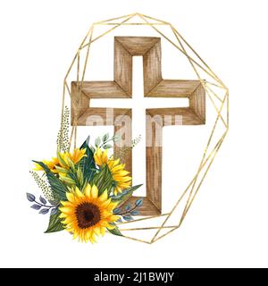 Croce floreale di girasole. Illustrazione di Pasqua. Acquerello Wedding Cross. Battesimo Foto Stock
