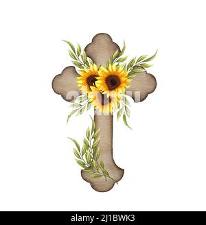 Croce floreale di girasole. Illustrazione di Pasqua. Acquerello Wedding Cross. Battesimo Foto Stock