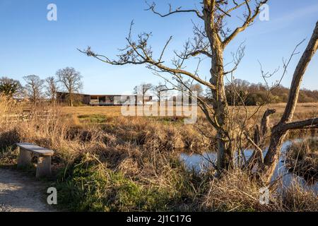 Elevazione ovest sopra la palude. Carlton Marshes Visitor Center, Carlton Colville, Lowestoft, Regno Unito. Architetto: Cowper Griffith Architects, 202 Foto Stock