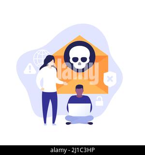 malware, e-mail con virus, arte vettoriale con le persone Illustrazione Vettoriale