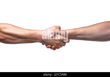 Stretta di mano amichevole, saluto degli amici, lavoro di squadra, amicizia. Primo piano. Soccorso, gesti di aiuto o mani. Presa forte. Due mani, aiutante mano di a. Foto Stock