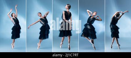 Collage di ritratti di una giovane ballerina femminile bella ballerina in abito nero ballando isolato su sfondo blu Foto Stock