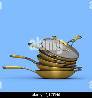 Impilare la padella con il coperchio di vetro su sfondo blu. 3d resa degli utensili da cucina antiaderenti Foto Stock