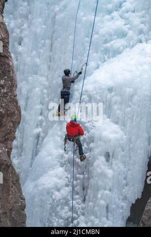 Una femmina scalatrice a sinistra sale come un altro scalatore a destra si arrampica su una parete di ghiaccio alta 160' nel Parco di ghiaccio di Ouray, Colorado. Foto Stock