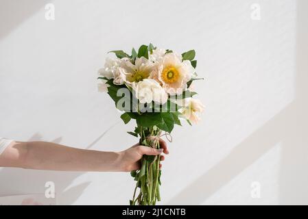 Una mano tiene un bouquet di papaveri davanti ad una finestra soleggiata. Foto Stock