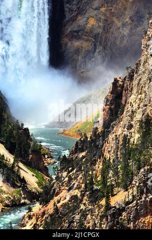 Il fondo delle Lower Falls nel parco nazionale di Yellowstone ha spruzzi di acqua e spruzzi di acqua. Il fiume Yellowstone si snoderà e si snoderà attraverso il fiume s. Foto Stock