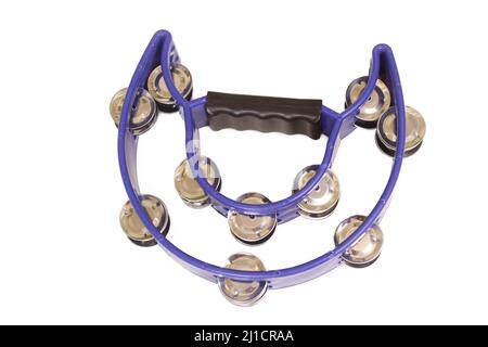 Vintage Blue Open Tambourine isolato su sfondo bianco Foto Stock