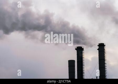 Inquinamento ambientale - fumetto di fabbrica che emette fumo contro il cielo grigio Foto Stock