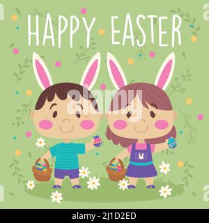 Carino coppia di bambini con orecchie conigliate e uova di pasqua settimana Vector Illustrazione Vettoriale