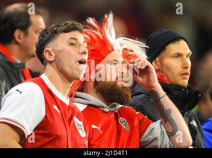 24th marzo 2022; Cardiff City Stadium, Cardiff, Galles, 2022 World Cup Qualification Football, Galles contro Austria; i tifosi austriaci godono l'atmosfera Foto Stock