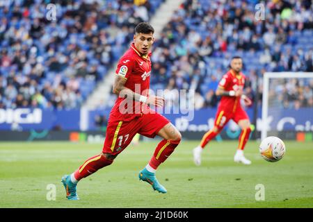 BARCELLONA - MAR 5: Mathias Olivera in azione durante la partita la Liga tra RCD Espanyol e Getafe CF allo stadio RCDE il 5 marzo 2022 a Barce Foto Stock