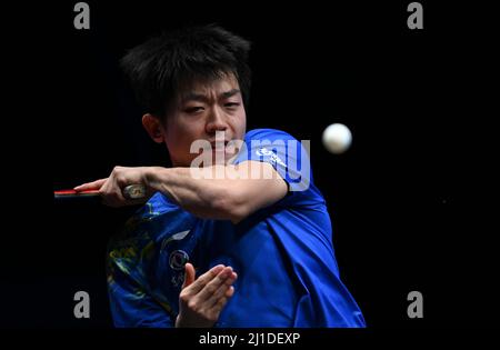 Doha, Qatar. 24th Mar 2022. Yuan Licen of China compete durante la partita finale maschile singles tra Yuan Licen of China e Qiu Dang of Germany al WTT Contender Doha 2022 a Doha, capitale del Qatar, 24 marzo 2022. Credit: Nikku/Xinhua/Alamy Live News Foto Stock