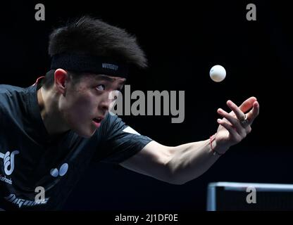 Doha, Qatar. 24th Mar 2022. Qiu Dang di Germania compete durante la partita finale maschile singles tra Yuan Licen di Cina e Qiu Dang di Germania al WTT contender Doha 2022 a Doha, capitale del Qatar, 24 marzo 2022. Credit: Nikku/Xinhua/Alamy Live News Foto Stock