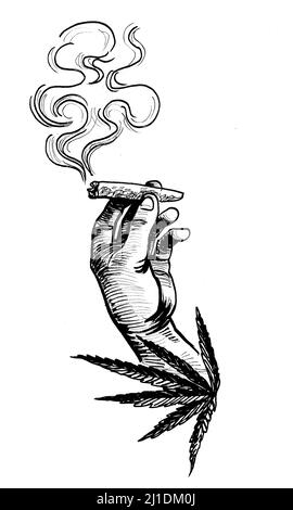 Mano con giunto marijuana. Disegno in bianco e nero con inchiostro Foto Stock