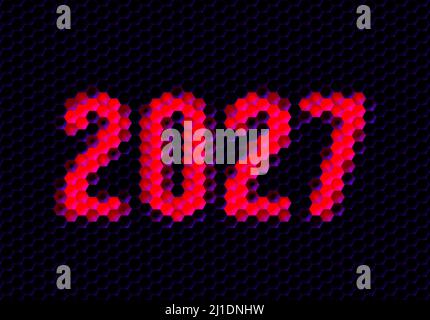 Segno dell'anno 2027 con griglia di pixel esadecimali. Numero o cifre di Capodanno per la carta o il calendario delle feste. Illustrazione Vettoriale