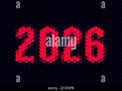 Segno dell'anno 2026 con griglia di pixel esadecimali. Numero o cifre di Capodanno per la carta o il calendario delle feste. Illustrazione Vettoriale