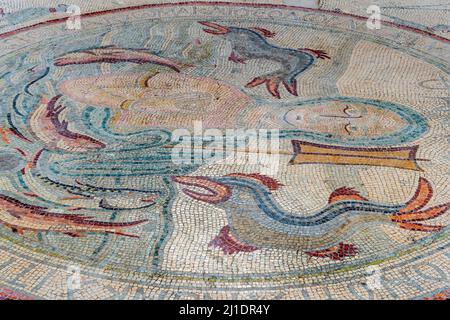 Un Mosaico colorato presso la Chiesa degli Apostoli, Madaba, Giordania. Foto Stock