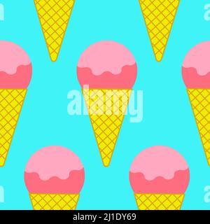 Gelato con motivo senza cuciture, palla di fragole in un cono per waffle. Design per tessuto, carta da imballaggio, copertina, nastro, stampa, carta da parati, tessuto Foto Stock