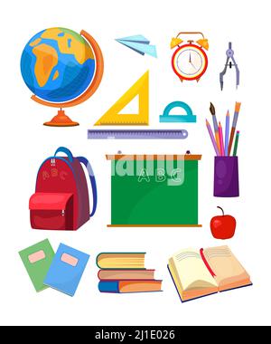 Set di materie scolastiche. Raccolta di forniture scolastiche. Può essere utilizzato per argomenti come istruzione, classe, stazionario Illustrazione Vettoriale