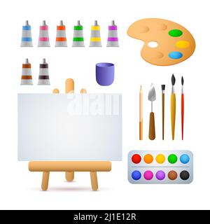 Illustrazione vettoriale dello studio d'arte. Vernici ad olio, acquerelli, spazzole, cavalletto. Concetto di pittura. L'illustrazione vettoriale può essere usata per gli argomenti come arte, hobby, Illustrazione Vettoriale