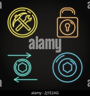 Icona token NFT neon impostata. Token di utilità e sicurezza, simboli di transazione. Illustrazione vettoriale. Illustrazione Vettoriale