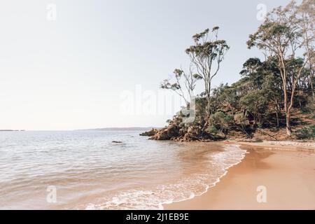 La tranquilla spiaggia dell'oceano si inonda con dolci onde che lambiscono la spiaggia sabbiosa Foto Stock