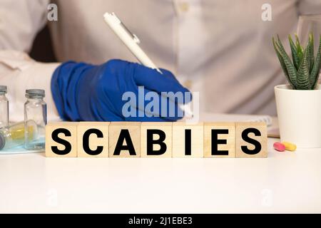 Word Scabies fatto con blocchi di legno Foto Stock