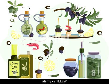 Set di icone di delicatezza. Set di icone di linea. Olive, olio, gamberetti. Concetto di mangiare. Le illustrazioni possono essere utilizzate per argomenti come la pubblicità alimentare, la delicatezza, la strada Illustrazione Vettoriale