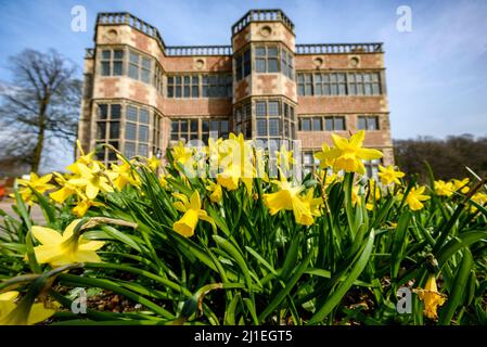 Astley Hall, Chorley nel sole primaverile. Foto di Paul Heyes, martedì 22 marzo 2022. Foto Stock