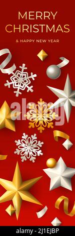 Allegro banner verticale di Natale. Design creativo con fiocchi di neve e stelle su sfondo rosso. Le lettere possono essere utilizzate per inviti, carte regalo, brochure Illustrazione Vettoriale