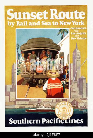 Poster di viaggio vintage - Tramonto via ferrovia e via mare per New York Southern Pacific Lines di Michel Kady, 1930 Foto Stock