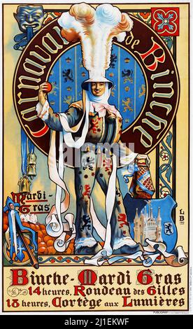 Poster vintage - Poster pubblicitario (National Railway Company of Belgium, 1910). Poster stazione ferroviaria. Binche Mardi Gras. C 1919. Louis Buisseret. Foto Stock