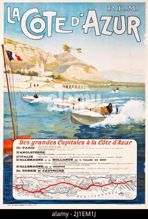 Poster di viaggio d'epoca - H. J. - LA COTE D'AZUR - la Costa Azzurra. Gara di barca 1912. Foto Stock