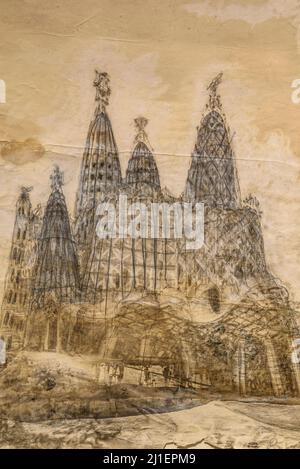 I progetti originali di Gaudí della chiesa di Colònia Güell alla mostra di Gaudí al museo MNAC nel 2021 (Barcellona, Catalogna, Spagna) Foto Stock