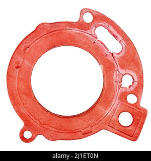 Vecchia guarnizione di gomma rossa della caldaia a gas isolata su sfondo bianco Foto Stock