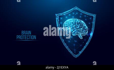 Cervello umano in scudo di guardia. Concetto di sicurezza informatica con basso cervello di polybrain e schermo su sfondo blu scuro. Struttura a reticolo in poli bassi. Abstrac Illustrazione Vettoriale