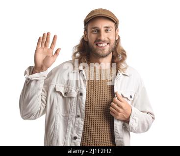 Bel ragazzo elegante su sfondo bianco Foto Stock