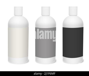 Modello bianco, grigio e nero per tre flaconi per layout e design di presentazione. 3D rendering. Immagine generata digitalmente. Isolato sul retro bianco Foto Stock