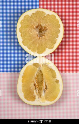 Pomelo perfettamente ritoccato su sfondo rosso a gabbia. Foto ad alta risoluzione. Profondità di campo completa. Foto Stock