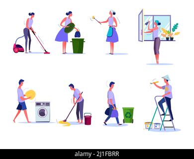 Servizio di pulizia e pulizia. Donna che rimuove i rifiuti, lavando la finestra, uomo pavimento di ciclomotore. Concetto di persone. Illustrazione vettoriale per argomenti come la famiglia, Illustrazione Vettoriale