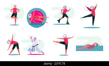 Set per attività fitness. Donna che nuota in piscina, che fa yoga, pattinaggio a rotelle. Concetto di persone. Illustrazione vettoriale per argomenti come tempo libero, movimento, ACT Illustrazione Vettoriale